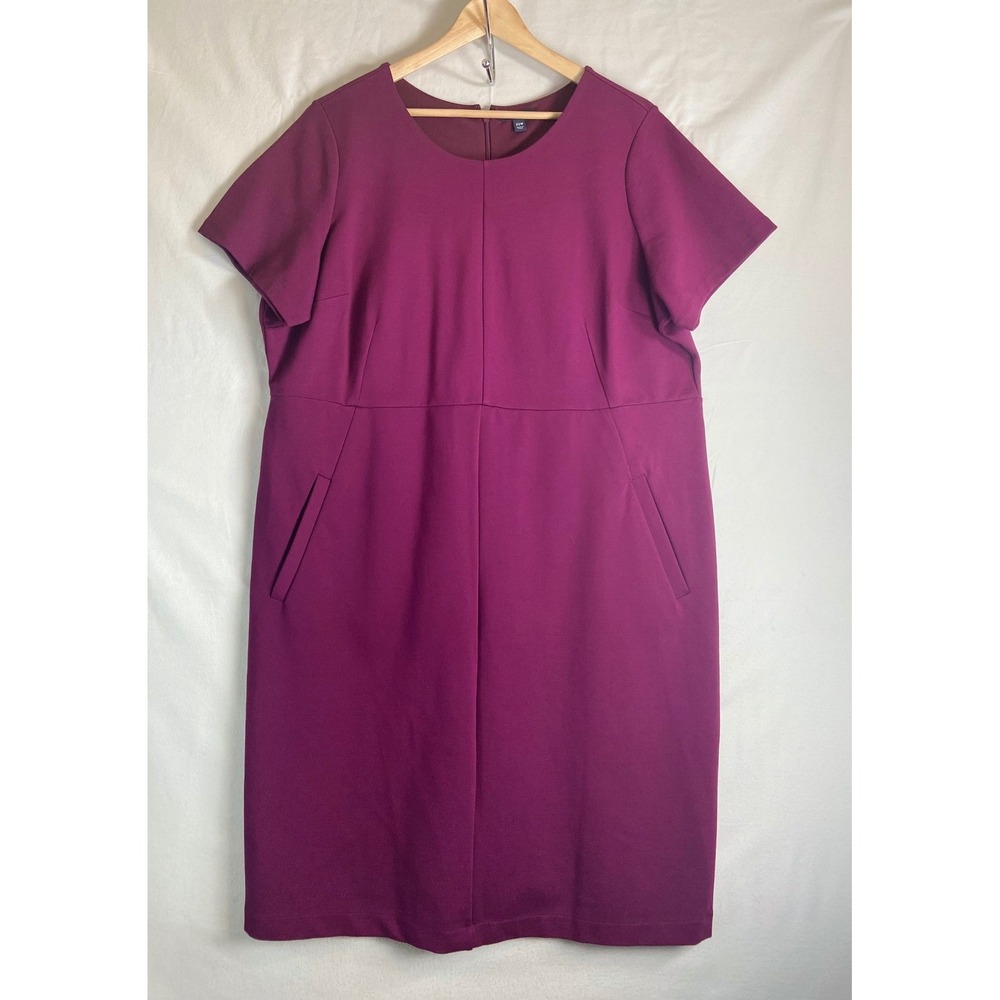 Lands' End Ponte Sheath Dress 22W Burgundy Short Sleeve Pockets Plus Size Career